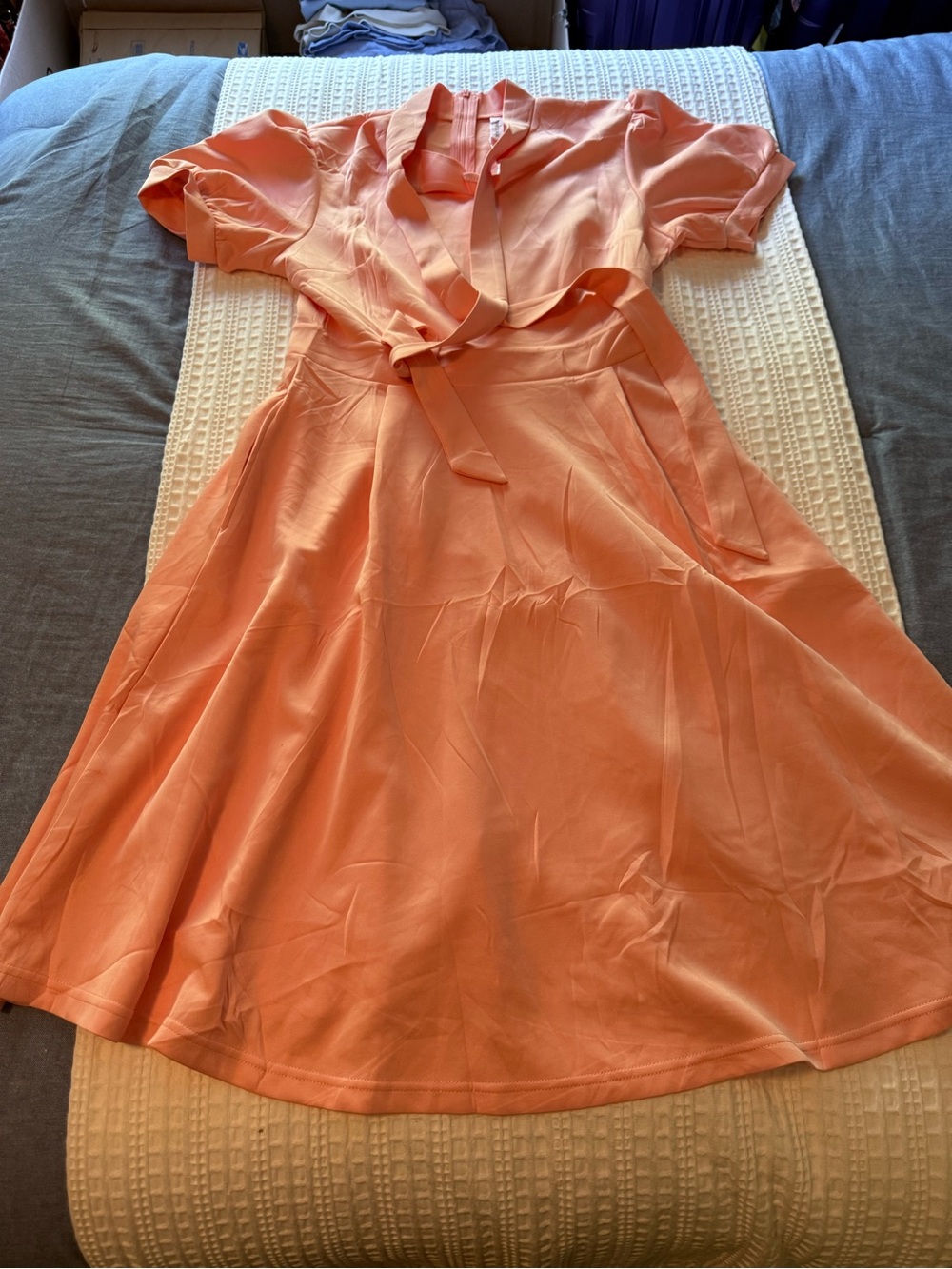 Women's Coral Wrap Dress with Puff Sleeves and Tie Waist